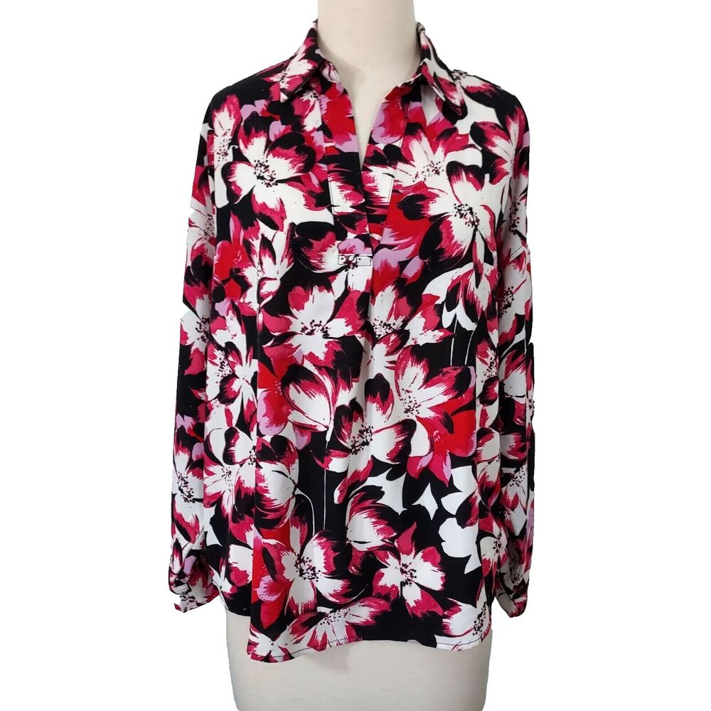 Rafaella Tunic Top Shirt Womens Large Floral Flowy Pink Black White Blouse